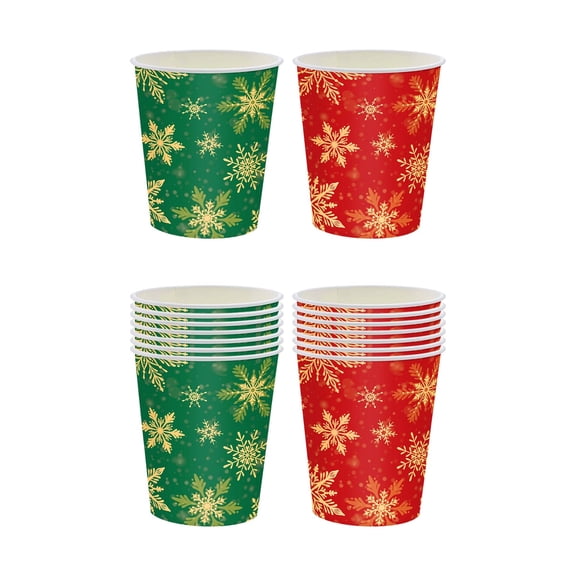 Christmas Snowflake Disposable Paper Cups, Red Green & Gold Snowflake Print, Food-Grade Paper Cups for Hot and Cold Drinks, Party Beverage Cups, 16 Pcs
