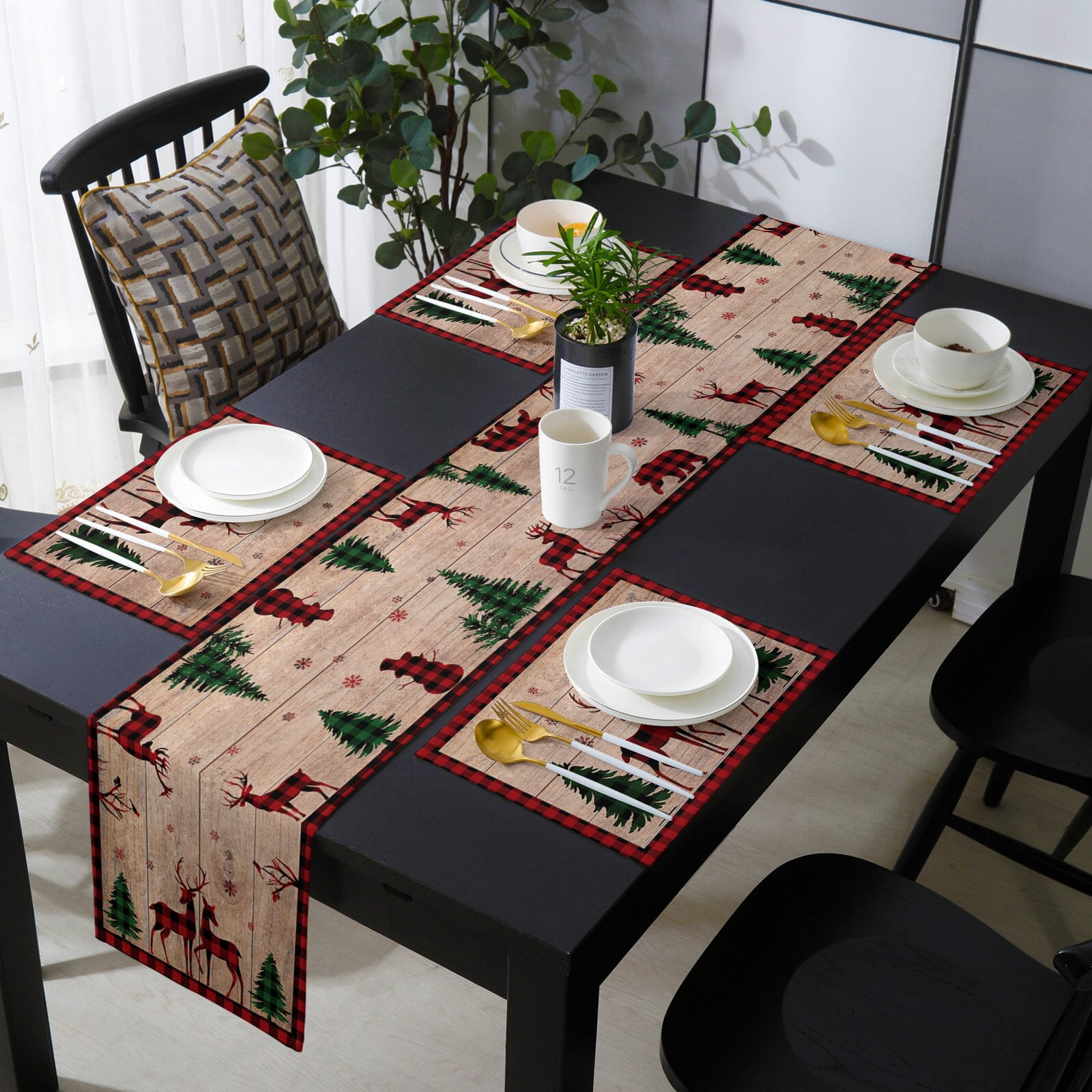 Christmas Snowflake Elk Christmas Tree Table Runner and Placemat Set