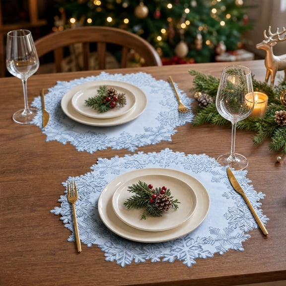 Christmas Snowflake Embroidered Placemats Set of 2, Round Cutout Fabric Table Mats, Holiday Decorative Table Linen for Xmas Dinner Party Home Table and Kitchen Table Decor