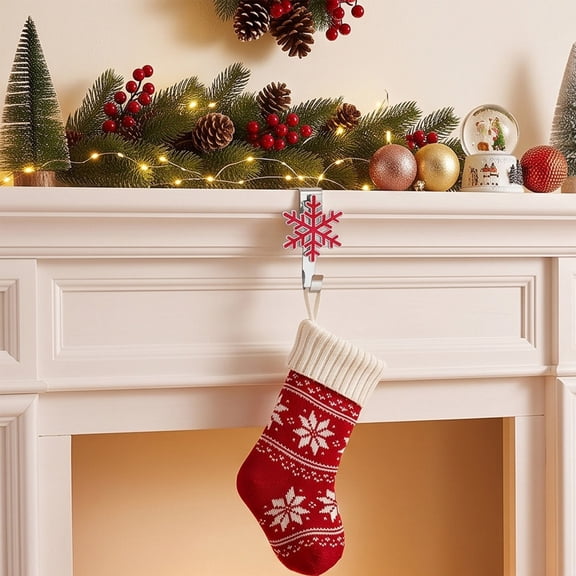 Christmas Snowflake Fireplace Stocking Hook, Iron Mantel Hanger with Weighted Support, Freestanding Holiday Decor Accessory for Stockings, Garland and Seasonal Displays on Shelves and Countertops
