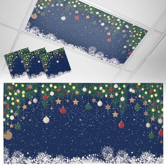 Christmas Snowflake Fluorescent Light Covers Colored Ball Winter Snow Pine Branch Navy Magnetic Light Filters Ceiling Lighting Panel Shade for Classroom Office Home 2 x 4 ft, 3 Pack