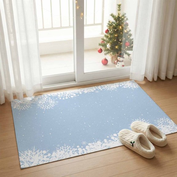 Christmas Snowflake Frost Crystals Rectangle Area Rug 2x3ft,Living Room Rug Non-Slip Washable Circle Rugs Pad,Winter Snow on Light Blue Soft Floor Carpet for Bedroom Dining Room