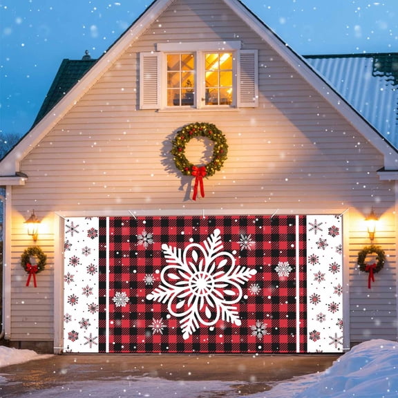 Christmas Snowflake Garage Door Banner Covers, Black Red Buffalo Plaid Winter Snow Large Hanging Indoor/Outdoor Backdrop Background for Christmas Winter Party Decor, 6x13 FT