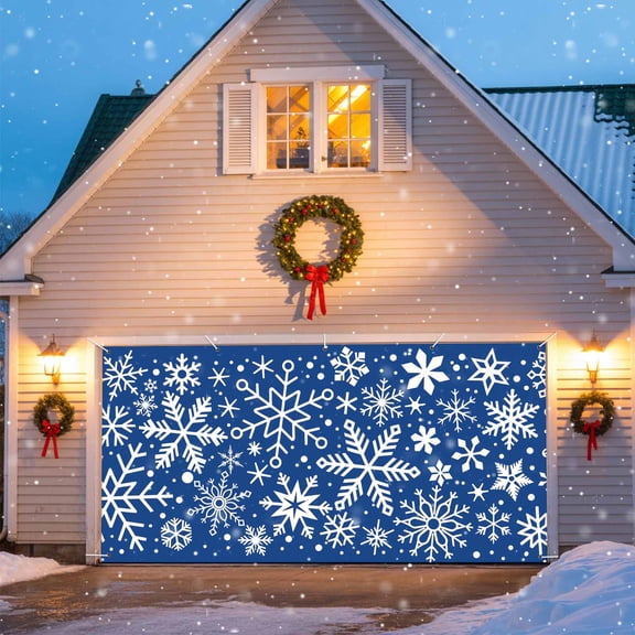 Christmas Snowflake Garage Door Banner Covers, Retro Abstract Winter Blue Texture Large Hanging Indoor/Outdoor Backdrop Background for Christmas Winter Party Decor, 6x13 FT
