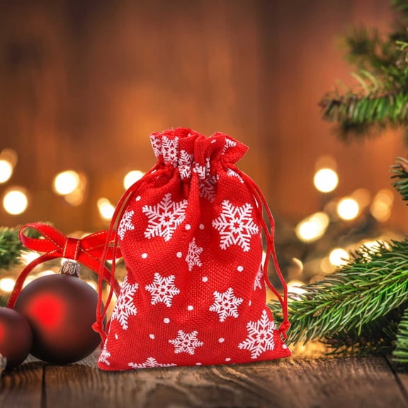 Christmas Snowflake Gift Bags - Set of 2 Small Linen Bags for Candy, Party Favors & Holiday Decor, 14x10cm, Classic Red & White Design