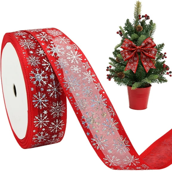 Christmas Snowflake Glitter Ribbon, Red Organza Sheer with Glitter Snowflake Pattern, 1 inch * 4.9 Yards Snowflake Glitter Ribbon for Christmas Tree, Gift Wrapping, Crafts, Bows Making