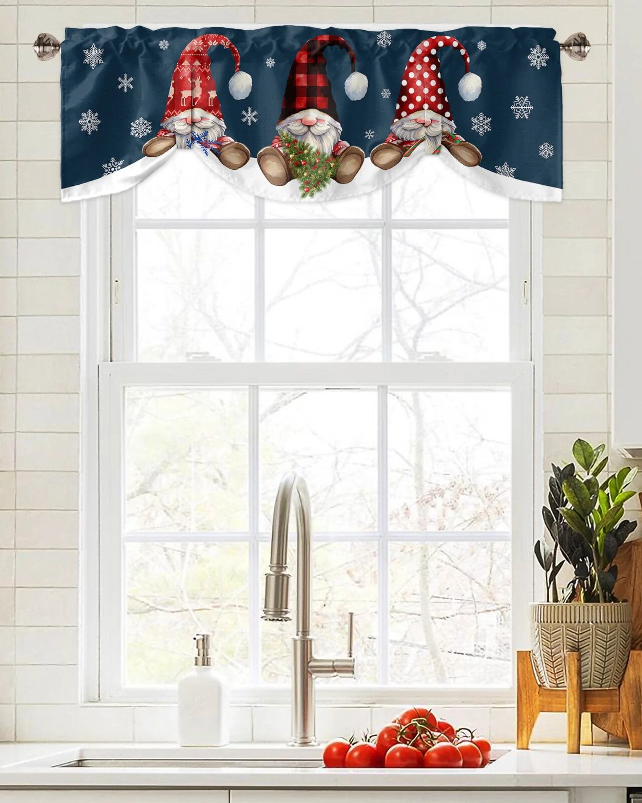Christmas Gnome Window Valance - Blue Xmas Tree Winter Curtain For Kitchen 54x18in