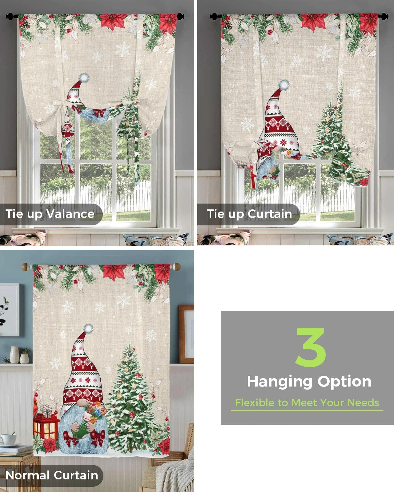 Christmas Snowflake Gnome Window Curtain for Living Room Home Decor