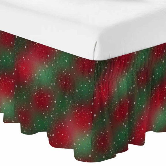 Christmas Snowflake Green to Red Gradient Bed Skirt 16 Inch Drop,Dust Ruffle Wrap Around Bed Skirts for Queen Size Bed, Bokeh Style Adjustable Elastic Bedskirt Bed Frame Cover