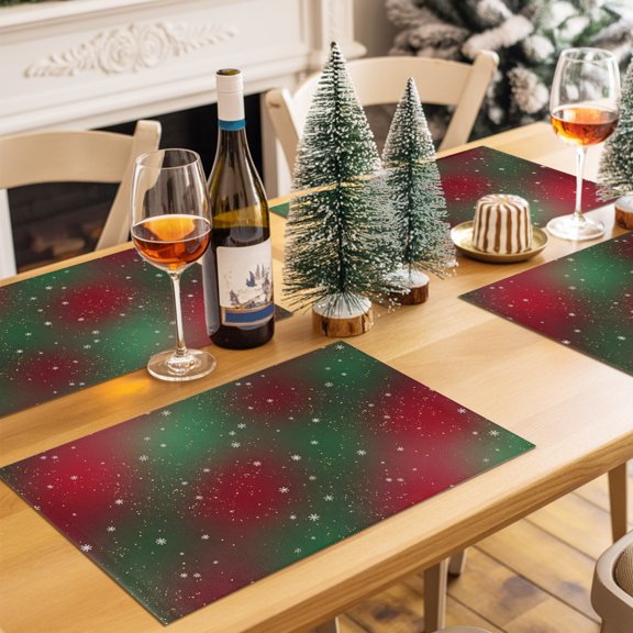 Christmas Snowflake Green to Red Gradient Placemats Set of 4,Wipeable Washable Table Mats for Dining Tables, Bokeh Style Place Mats for Kitchen Event Party Tabletop Decor