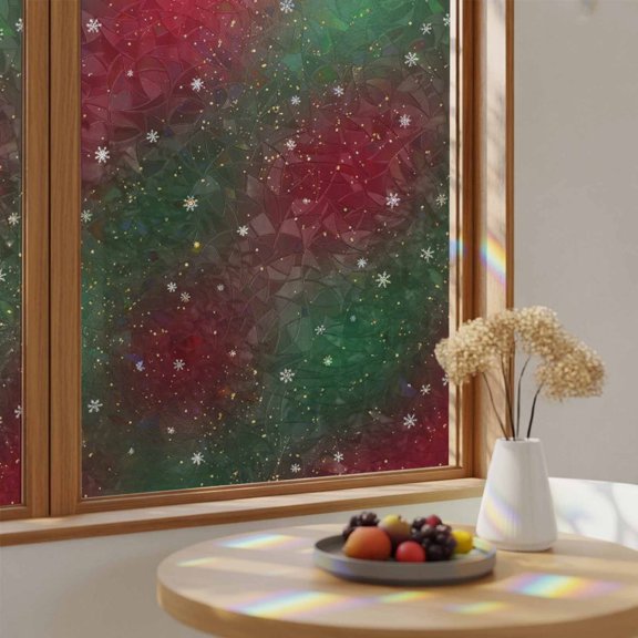 Christmas Snowflake Green to Red Gradient Window Privacy Film,Heat Control Sun Blocking Static Cling Rainbow Film,Bokeh Style Non-Adhesive Glass Sticker Door Window Tint,17.7" x 39.3"