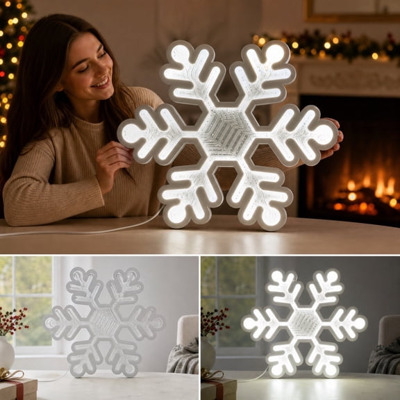 Christmas Snowflake Infinity Mirror LED Light, USB Powered Holiday Atmosphere Lamp with Adjustable Brightness, 16.34 x 11.93 x 0.71 inch Glowing Decor for Wall, Desk & Party Display