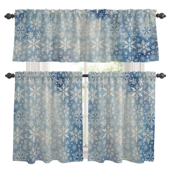 Christmas Snowflake Kitchen Curtains, Kitchen Curtains and Valances Set of 3, Vintage Watercolor Snow Pattern Light Filtering Tailored Tier Curtain 24 Inch Length Drapes for Cafe Sink Bedroom