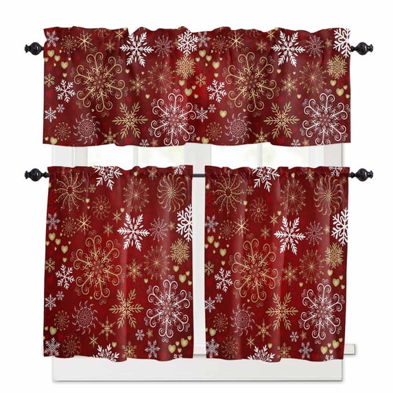 Christmas Snowflake Kitchen Curtains and Valances Set, Red Gold Watercolor Decoration Rod Pocket Window Valance 18 Inch Window Curtain Panels for Living Room Bedroom Laundry, 27.5x36in, 3 Pieces