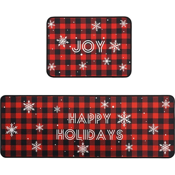 Christmas Snowflake Kitchen Rug Set,Buffalo Plaid Xmas Winter Happy Holiday Joy Runner Rugs with Rubber Backing,Throw Rugs Washable for Kitchen Sink,Laundry Room,Standing Desk,Red