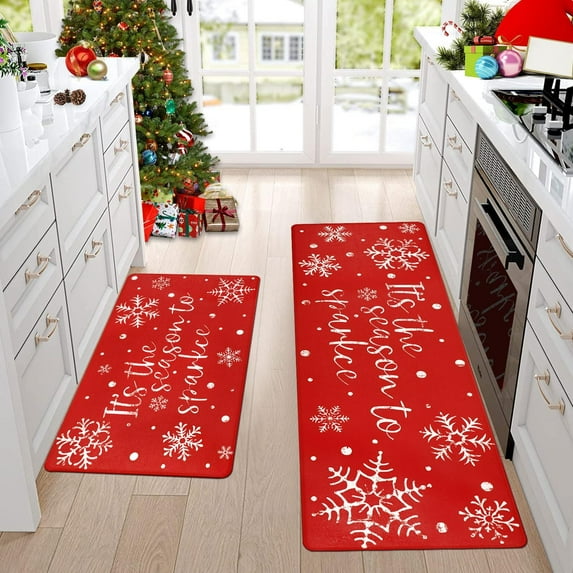 Christmas Snowflake Kitchen Rugs Sets of 2 Non Slip Kitchen Mats for Floor Anti Fatigue Red Kitchen Floor Mats Waterproof Xmas Comfort Standing Mat for Kitchen Sink Home Office