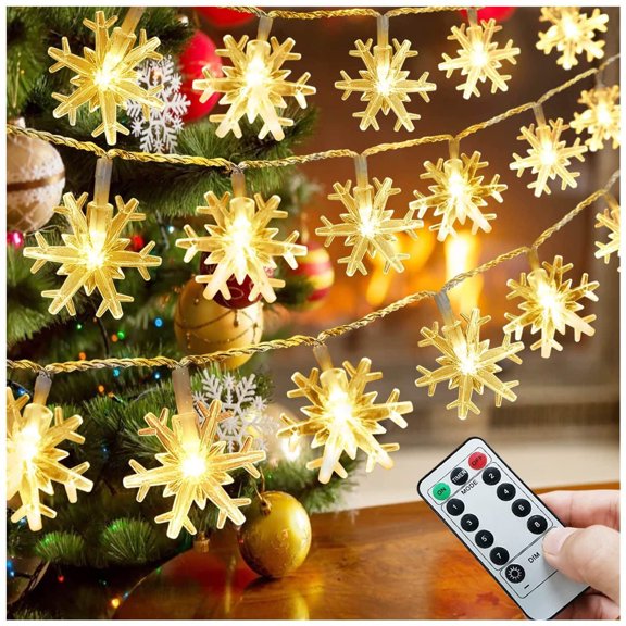 Christmas Snowflake Lights with Remote, 16ft 50 LED Battery Operated Snowflake LED Fairy Lights String for Tree, Party, Wedding, New Year, Garden Xmas Decor (Warm White)
