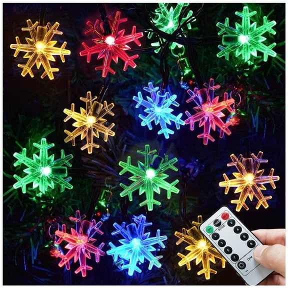 Christmas Snowflake Lights with Remote, 33ft 100 LED Battery Operated Snowflake LED Fairy Lights String for Tree, Party, Wedding, New Year, Garden Xmas Decor (Multicolor)