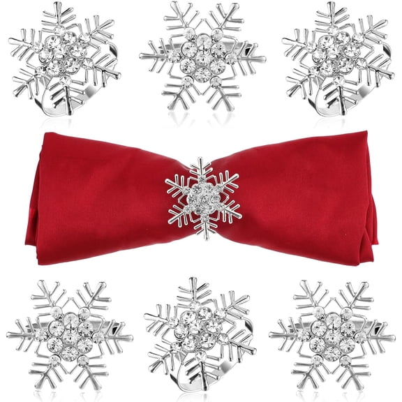 Christmas Snowflake Napkin Rings, 6Pcs Xmas Metal Rhinestone Serviette Ring Holder Buckle Santa Dinner Tables Setting Decorations Napkin Holder for Christmas Wedding Parties Table(Silver)