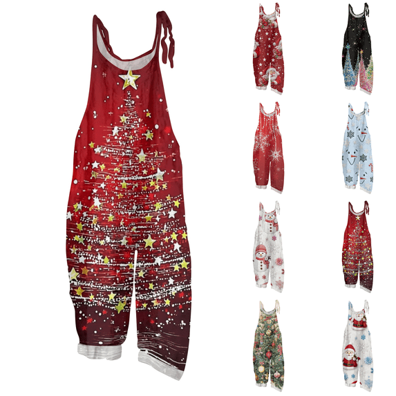 Christmas Snowflake Ornament Print Sleeveless Overalls, Women Relaxed Fit Holiday Bib Jumpsuit