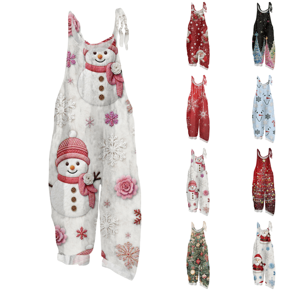 Christmas Snowflake Ornament Print Sleeveless Overalls, Women Relaxed Fit Holiday Bib Jumpsuit