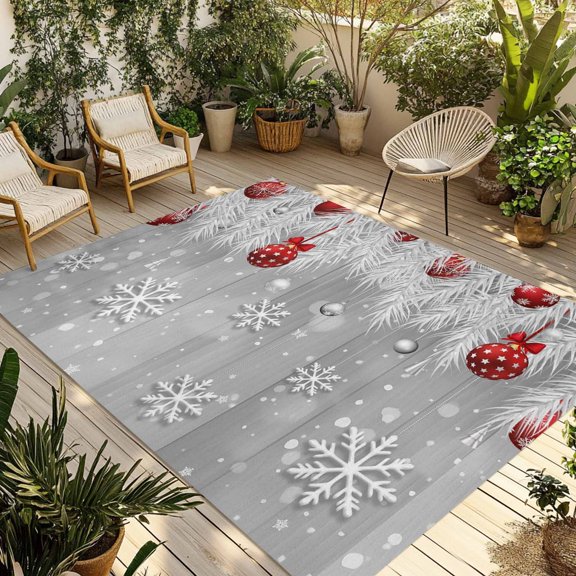 Christmas Snowflake Outdoor Rug 4x6 Ft - Reversible Patio Rug Outdoor Camping Rugs, Xmas Balls Farmhouse Wooden Grain Grey Indoor Outdoor Area Rugs, Non-Slip Outdoor Carpet Runner for Deck/Porch