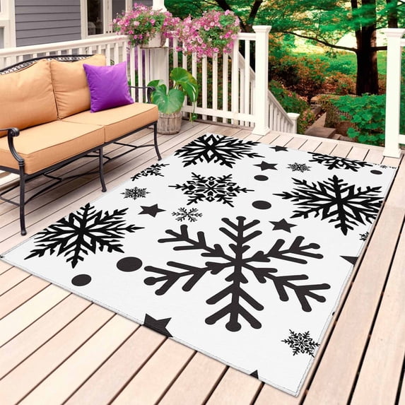 Christmas Snowflake Outdoor Rug 6x9 Ft, Non Slip Washable Area Rug, Winter Xmas Simple Black White Patio Rugs Carpet Runner, Large Floor Mat for Indoor/Outdoor Deck Porch Camping