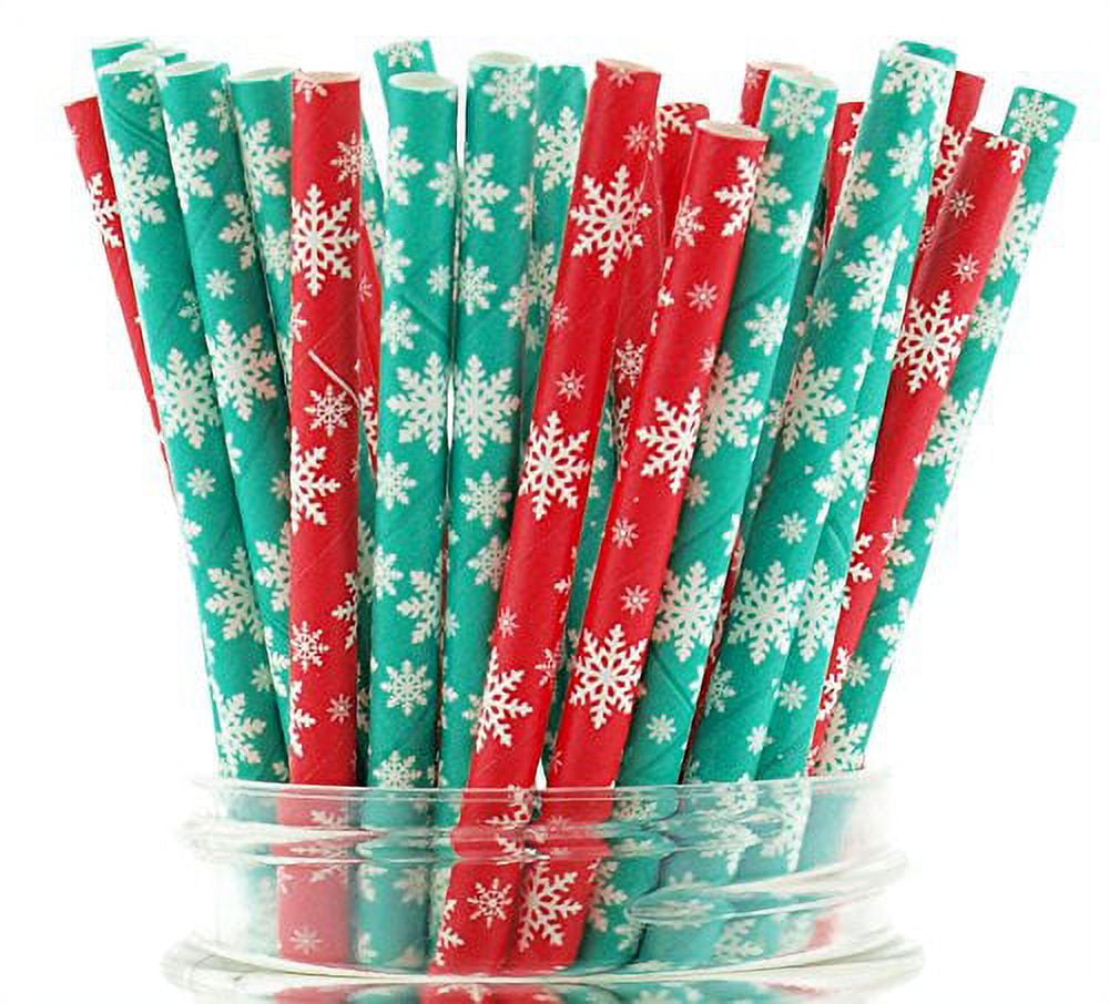 Christmas Snowflake Party Straws (50 Pack) - Winter Holiday Party Supplies,  Snowflakes Paper Straws, Snowman / Red & Green Frozen Party Decorations