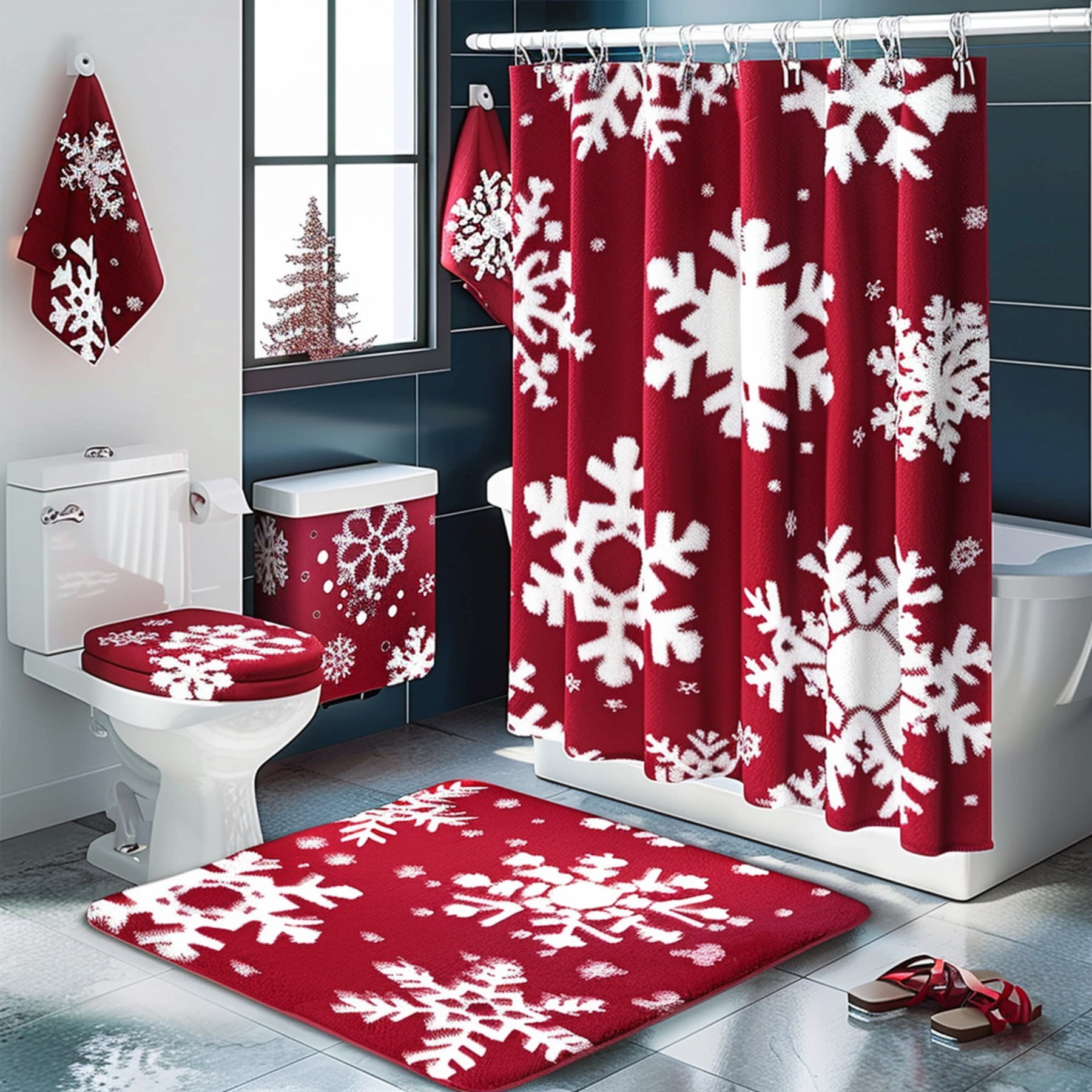Christmas Snowflake Pattern Shower Curtain Set Red and White Bathroom