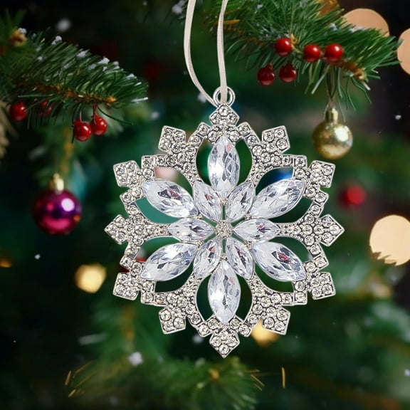 Christmas Snowflake Pendant Ornament, Rhinestone Metal Tree Decoration, Silver Holiday Hanging for Home, Door, and Car Rearview