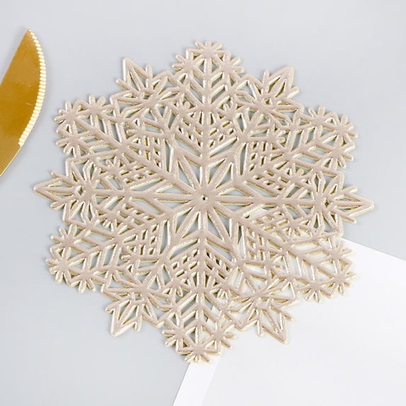 Christmas Snowflake Place Mats Gold Metallic Festive Vinyl Table Mat Washable for Holiday Dinner Table Top Doilies Decorations Hollow Out Non-Slip for Decor Wedding