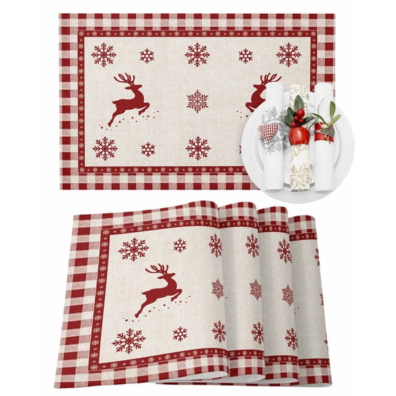 Christmas Snowflake Placemats Set of 1 and Elk Red Buffalo Plaid Heat Insulation Washable Place Mats, Rustic Non-Slip Table Mats for Dining Table Party Kitchen Decor,13x19 Inch