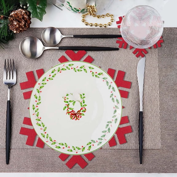 Christmas Snowflake Placemats Set of 12 Embroidered Snowflake Table Mats 13 Inch Velvet Red Christmas Table Decorations Xmas Washable Placemats for Xmas Holiday Tabletop Home Dining Kitchen(C)