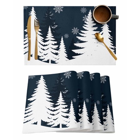 Christmas Snowflake Placemats Set of 6 Winter White Pine Tree Minimalist Heat Insulation Washable Place Mats, Rustic Non-Slip Table Mats for Dining Table Party Kitchen Decor,13x19 Inch