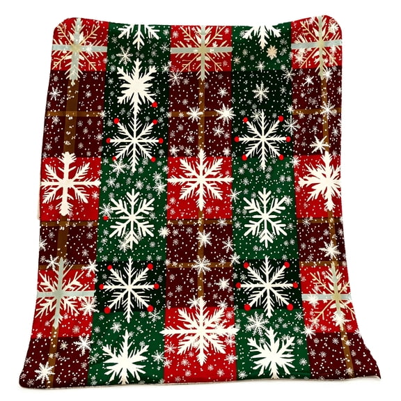 Christmas Snowflake Plaid Patchwork Print Flannel Throw Blanket, 30 x 40, 40 x 50, 50 x 60, 60 x 80 Inches, Soft Cozy Blanket for Sofa Bed