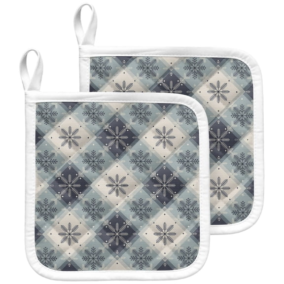 Christmas Snowflake Plaid Pot Holders for Kitchen Heatproof Potholder, 2 Pack Farmhouse Winter Blue Checkered Hot Pads Multipurpose Oven Pads Terry Cloth Potholders Trivet for Cooking and Baking