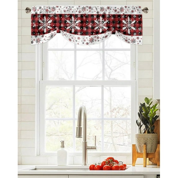 Christmas Snowflake Plaid Window Curtain Living Room Kitchen Cabinet Tie-up Valance Curtain Rod Pocket Valance