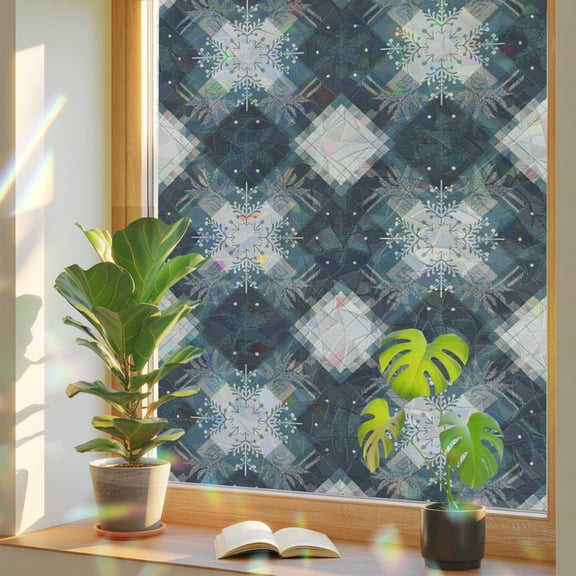 Christmas Snowflake Plaid Window Privacy Film Rainbow Static Cling Stain Glass Window Film for Glass Door, Decorative UV Blocking Sunroof Decal Sticker for Car 29.5"x118" Ethnic Tribe Teal Checkered