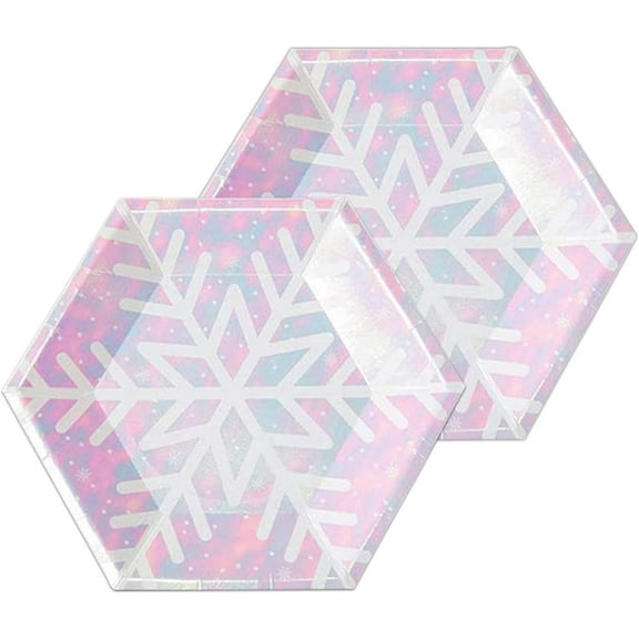 Christmas Snowflake Plates Serves 24, Disposable Iridescent Pink Blue Party Paper Plates, Winter Snow Plates for Holiday Celebration, Baby Shower, Wedding, New Year Party Supplies