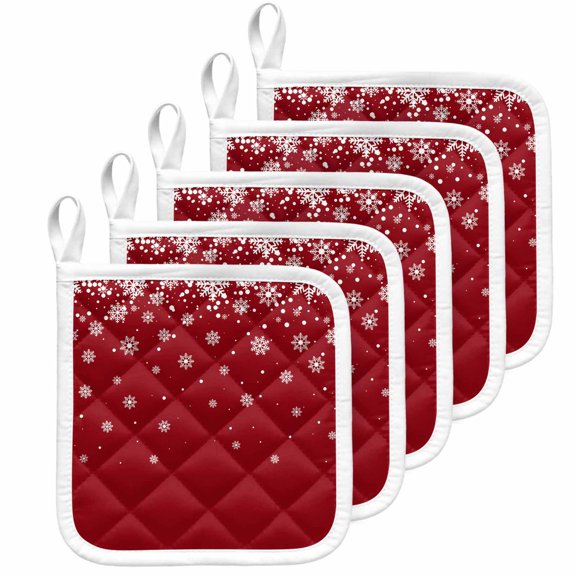 Christmas Snowflake Pot Holders for Kitchen Heat Insulation Potholder, Xmas Winter White Snowflake Red Kitchen Pot Holders Sets Washable Oven Hot Pads Cloth Trivet for Cooking Baking 5 Pack