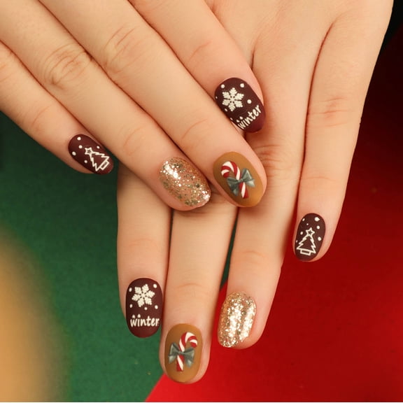Christmas Snowflake Press on Nails Short Squoval Fake Nails Silver Glitter Candy Cane Tree Snowman Full Cover Adhesive Press Ons Glossy Acrylic False Nails Nail Tips for Winter Holiday 24 Pcs