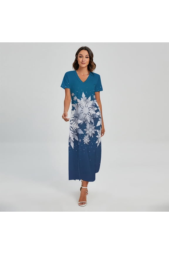 Christmas Snowflake Printed Short Sleeve Maxi Dress, Jesus Christian Fashion Summer Maxi Dress For Women