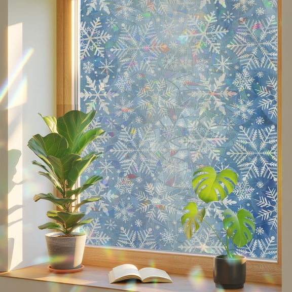 Christmas Snowflake Privacy Window Film, Decorative Stained Glass Window Film, Vintage Watercolor Snow Pattern Resuable Rainbow Static Cling for Home Bathroom Living Room Glass Door 17.7"x39.3"