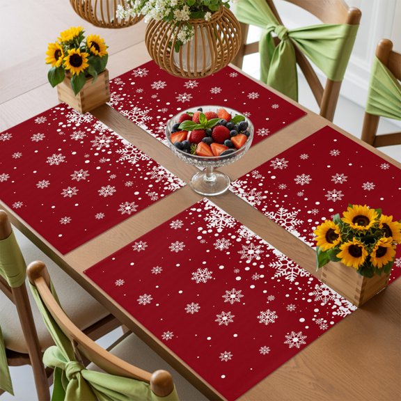 Christmas Snowflake Red Back Placemats Set of 4,Wipeable Washable Table Mats for Dining Tables, Winter Falling Snow Place Mats for Kitchen Event Party Tabletop Decor