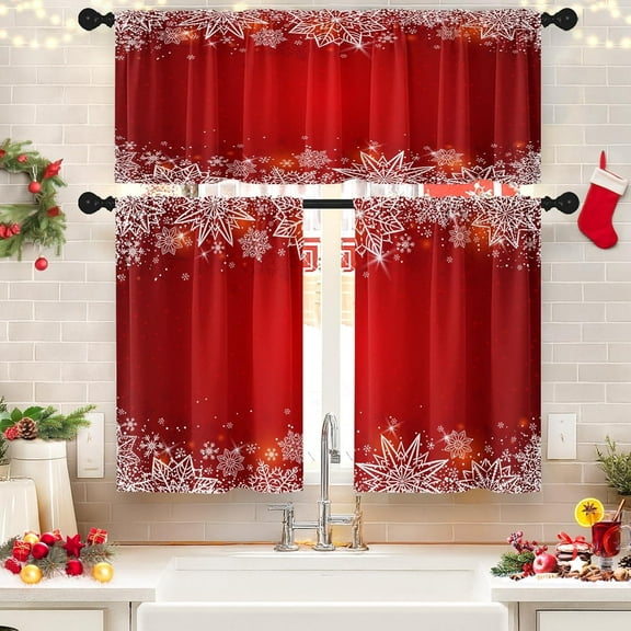 Christmas Snowflake Red Kitchen Curtains Snow Winter Window Curtains Valance and Tier Set 36 Inch Rod Pocket Short Tier Curtain for Room Kitchen Decor