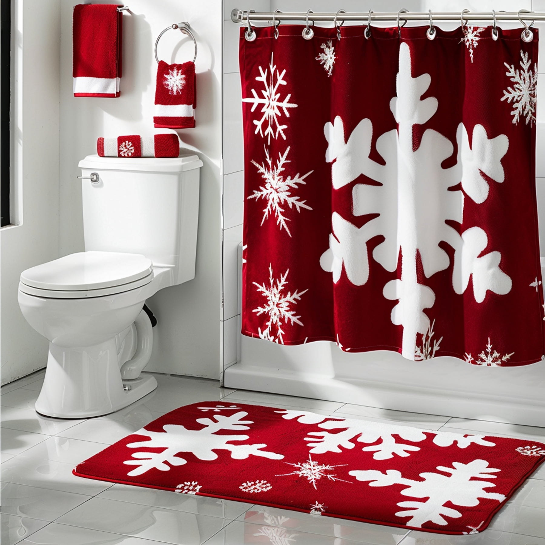 Christmas Snowflake Red and White Shower Curtain Set Festive Bathroom