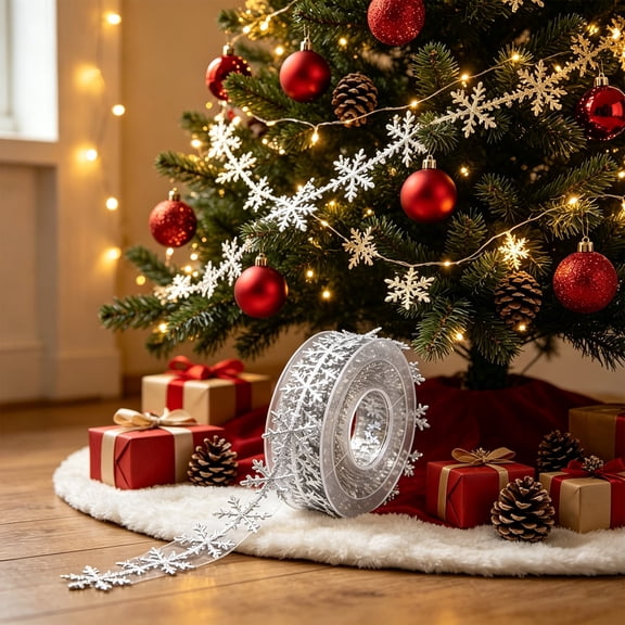 Christmas Snowflake Ribbon, Wired Edge Decorative Ribbon for Christmas Tree Wreath Garland Bow Gift Wrapping Holiday Home Decor, 393.7 inch Silver