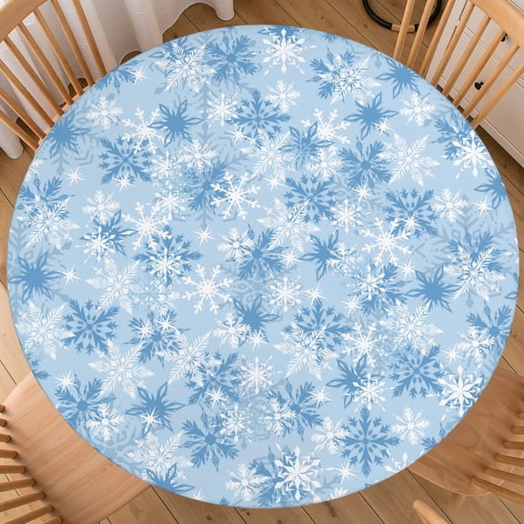 Christmas Snowflake Round Fitted Tablecloth with Elastic Edge Xmas Blue and White Circle Table Cloth 36-40 Inch Winter Table Cover for Kitchen Dining Party Patio Picnic