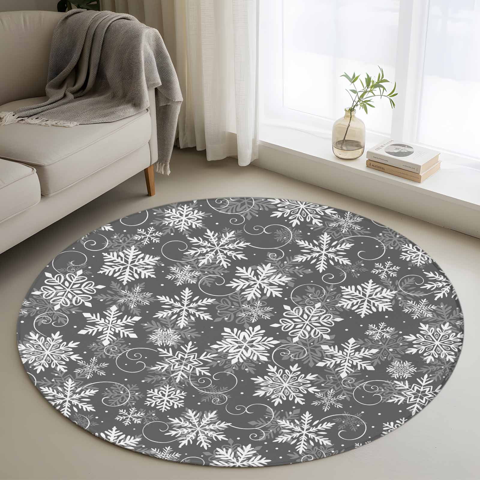 Round Blue Snowflake Rug Christmas Snowflake Round Living Room Rugs 3.3 ft, Winter Snowflake ...