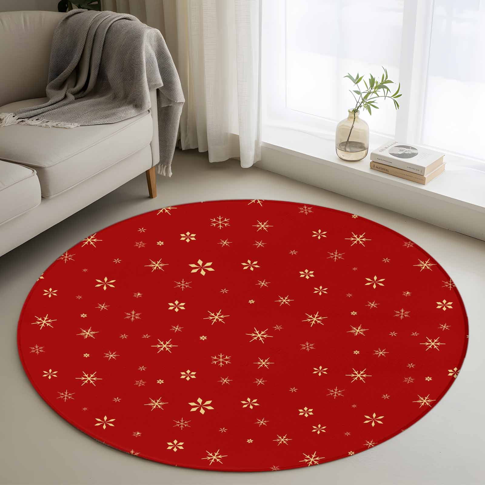 Christmas Snowflake Round Living Room Rugs 4 ft, Winter Red Retro ...